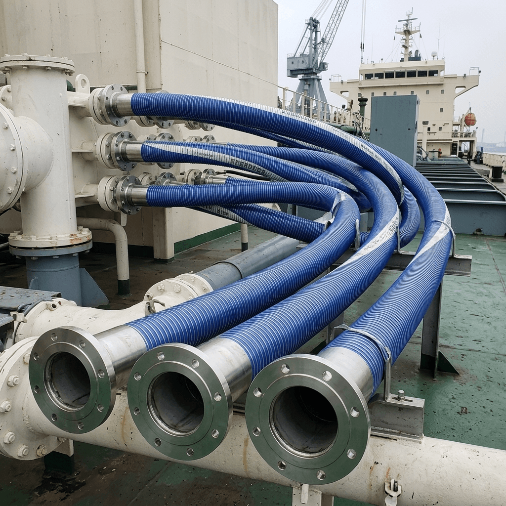 Composite hose assemblies connected on ship deck
