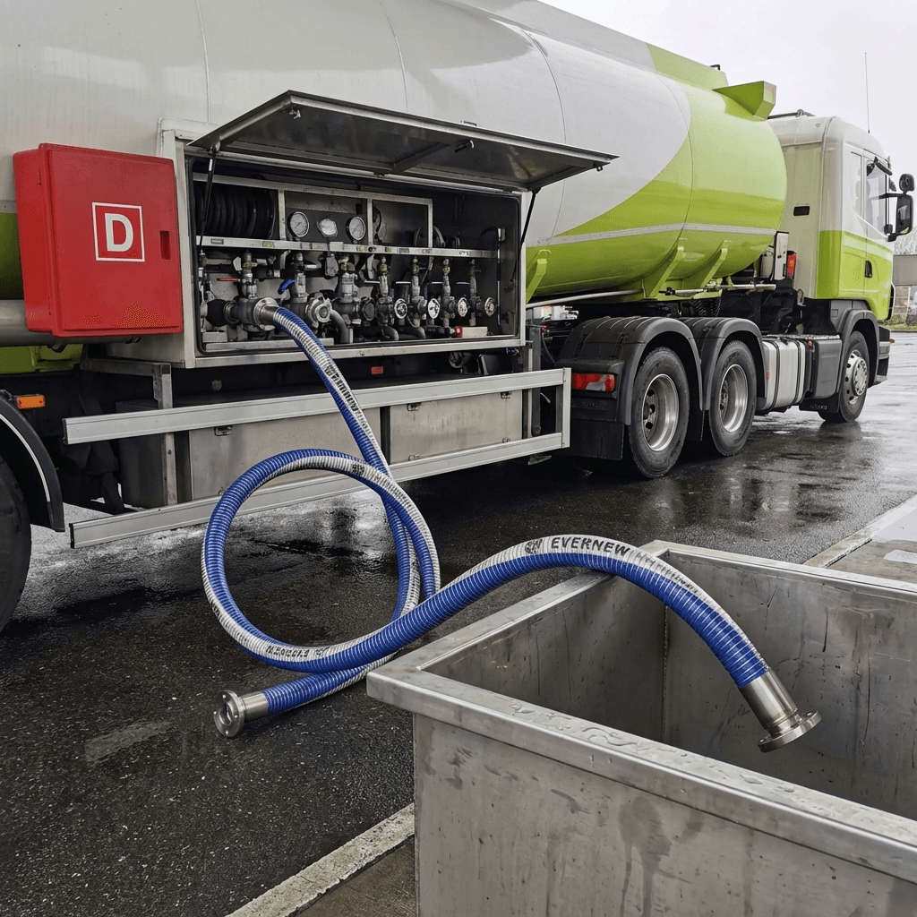 Composite hose connected to tanker transfer equipment
