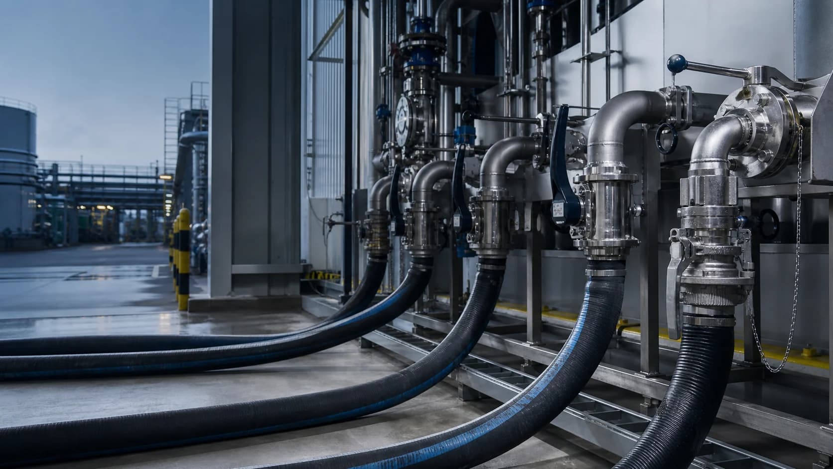 Industrial loading bay with composite hose and dry disconnect coupling systems